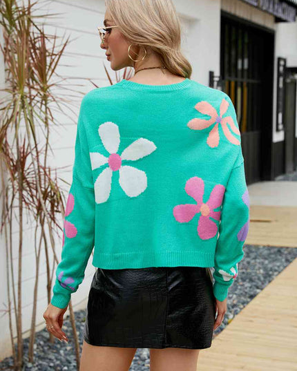 Flower Round Neck Drop Shoulder Sweater