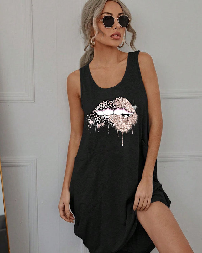 Lip Graphic Sleeveless Dress with Pockets