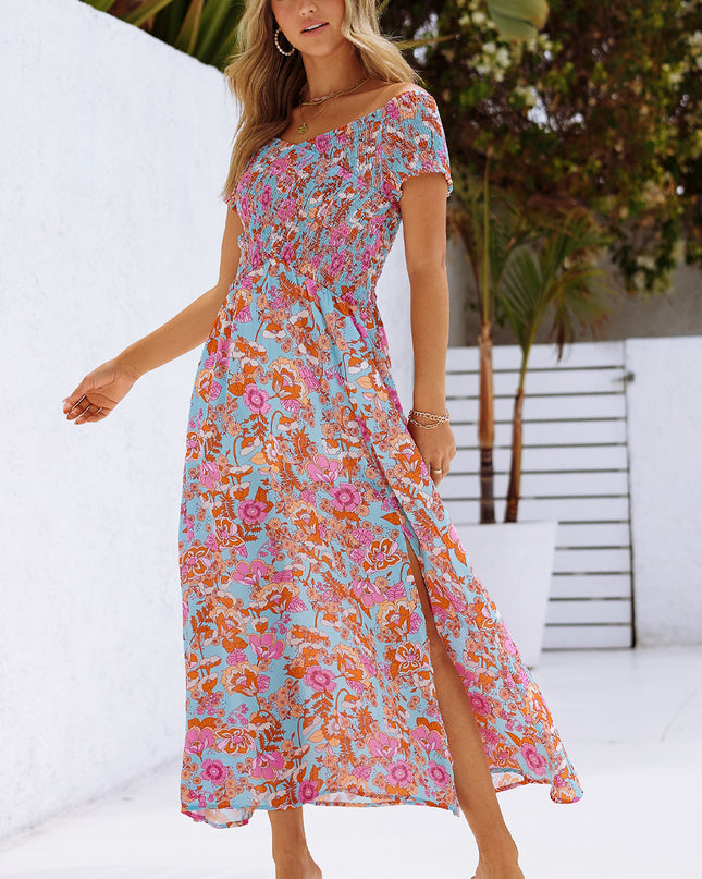 Floral Crisscross Smocked Off-Shoulder Dress