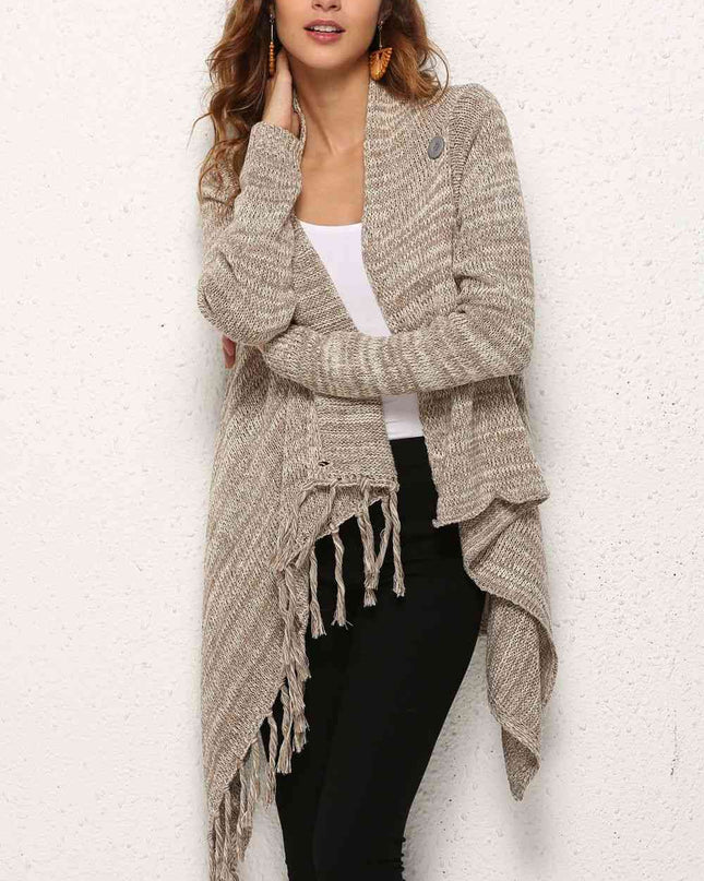 One-Button Tassel Tie Asymmetrical Hem Cardigan