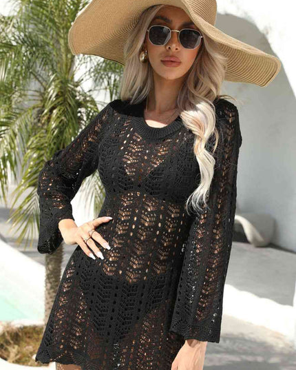 Openwork Scalloped Trim Long Sleeve Cover-Up Dress