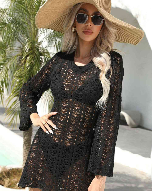 Openwork Scalloped Trim Long Sleeve Cover-Up Dress