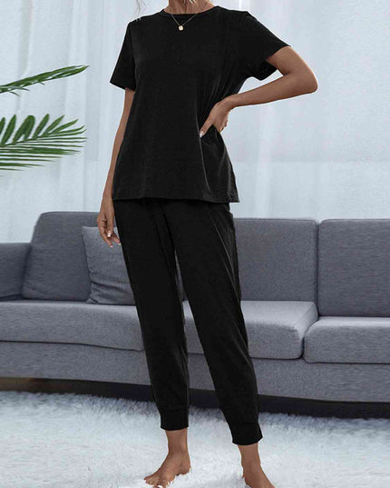 Round Neck Short Sleeve Top and Pants Set
