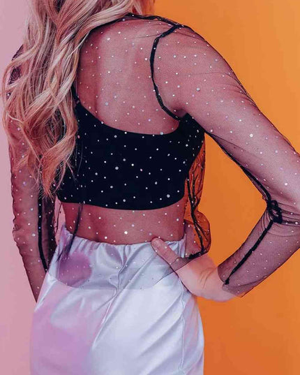 Rhinestone Mesh Round Neck Long Sleeve Blouse