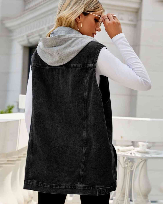 Drawstring Hooded Sleeveless Denim Top with Pockets