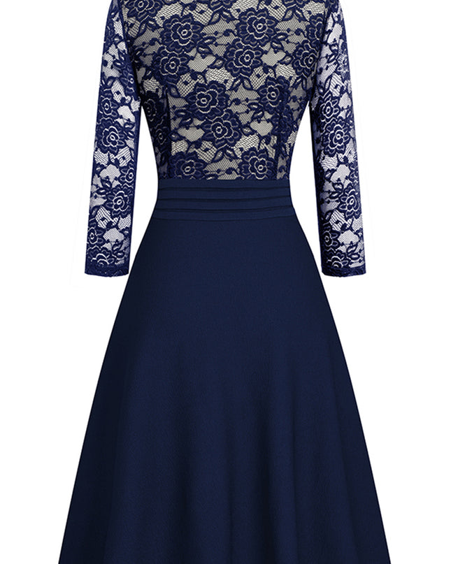 V-Neck Lace Detail Knee-Length Dress