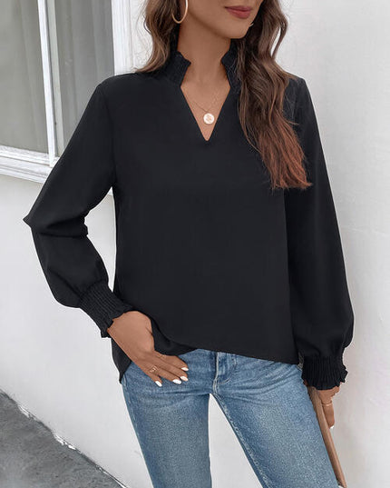 Smocked Notched Long Sleeve Blouse