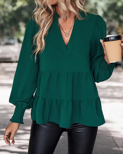 Notched Neck Lantern Sleeve Blouse
