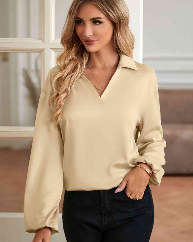 Johnny Collar Lantern Sleeve Blouse