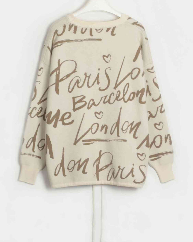 Letter Round Neck Drawstring Sweater