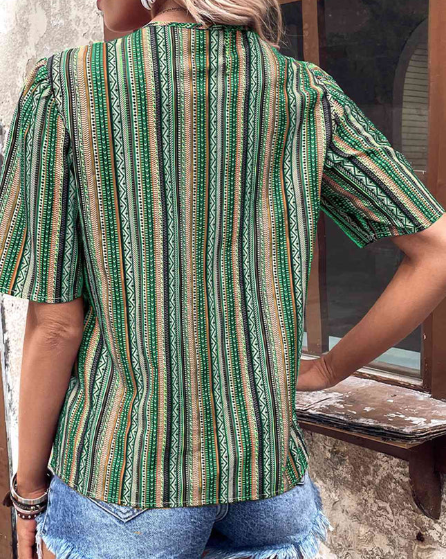 Printed V-Neck Button-Up Short Sleeve Top