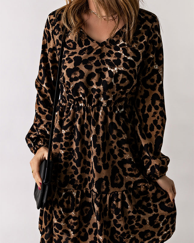 Leopard V-Neck Balloon Sleeve Tiered Dress