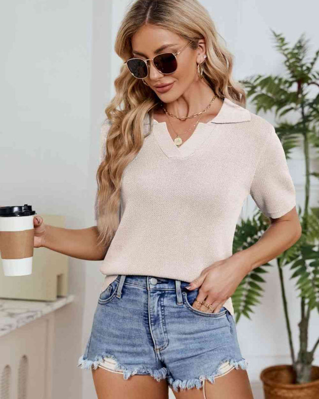 Johnny Collar Short Sleeve Knit Top