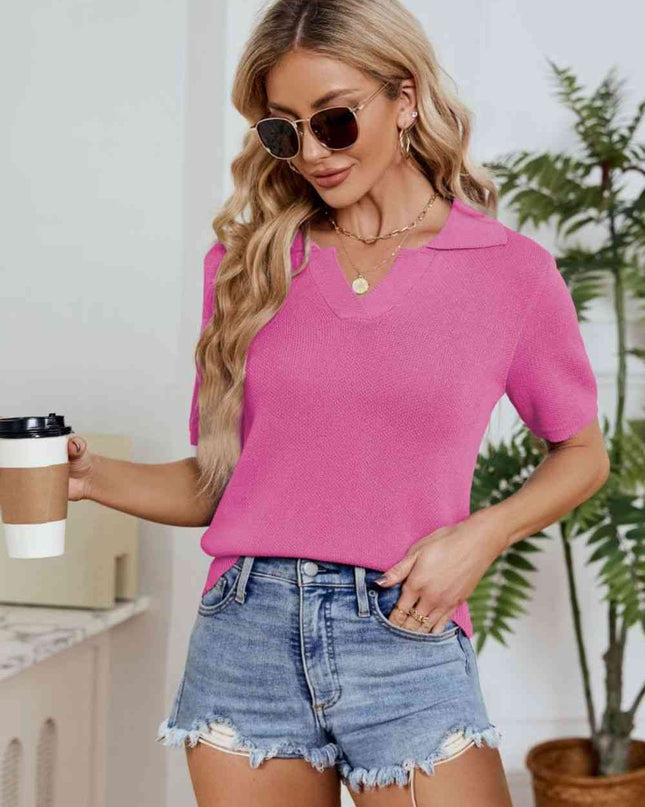 Johnny Collar Short Sleeve Knit Top