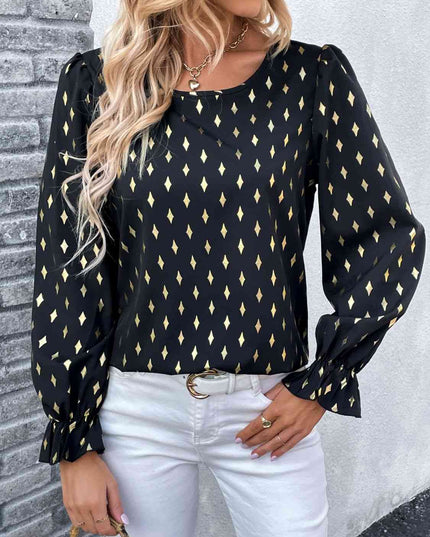Double Take Printed Round Neck Flounce Sleeve Blouse