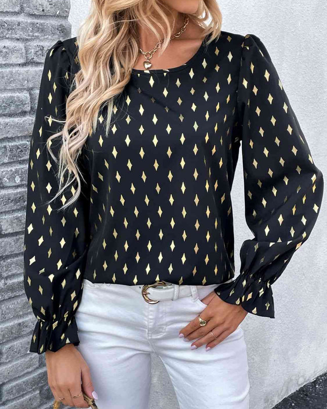 Double Take Printed Round Neck Flounce Sleeve Blouse