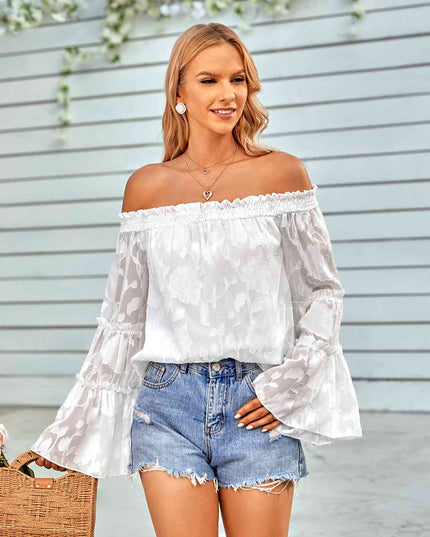 Applique Flounce Sleeve Off-Shoulder Blouse