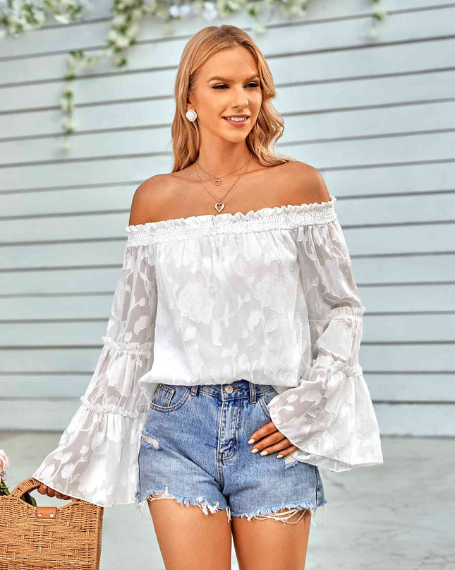 Applique Flounce Sleeve Off-Shoulder Blouse