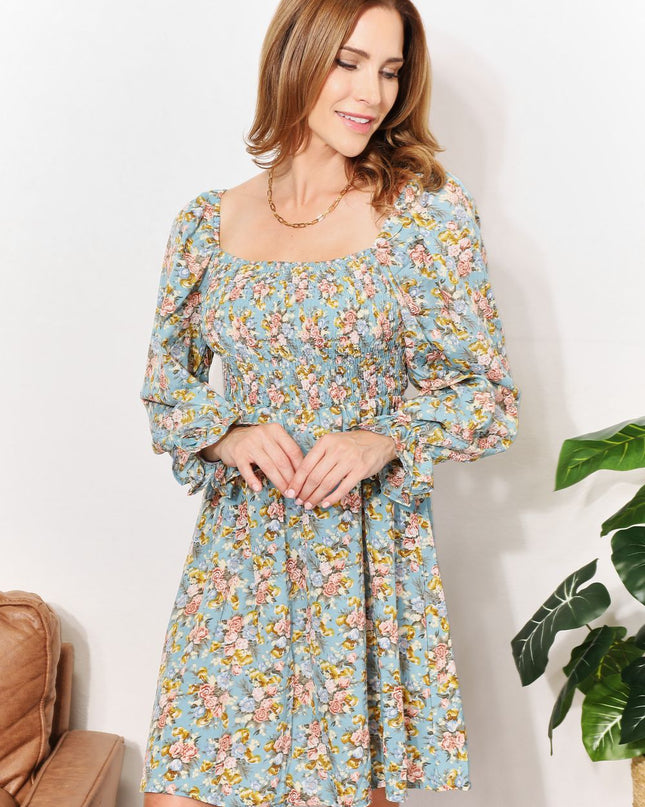 Double Take Floral Smocked Flounce Sleeve Square Neck Dress