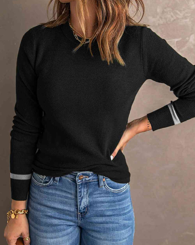Round Neck Contrast Long Sleeve Knit Top
