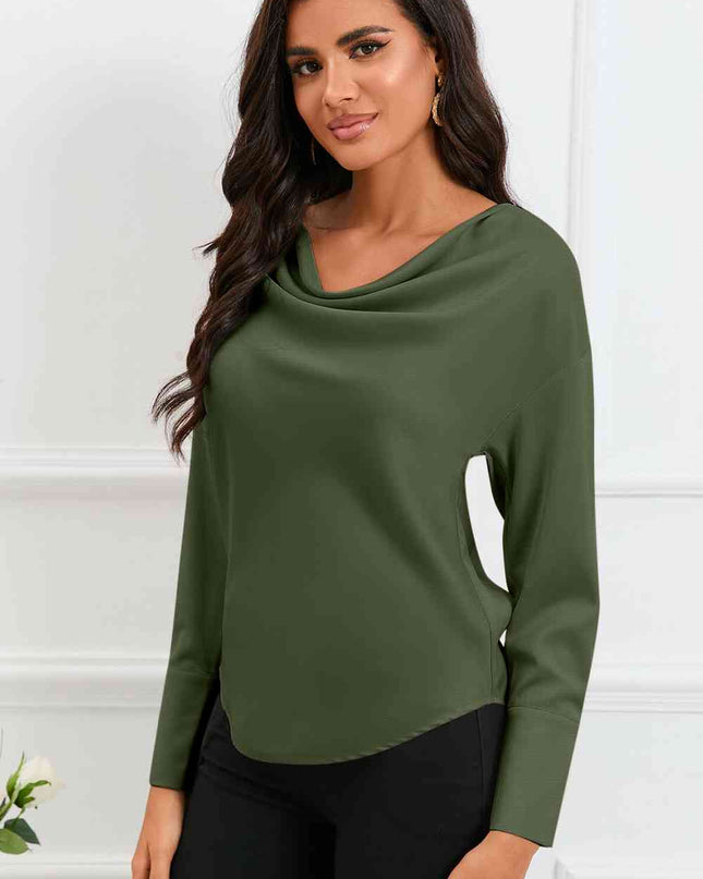Cowl Neck Dropped Shoulder Long Sleeve Back Tie Blouse