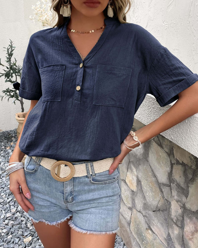 Buttoned Notched Neck Cuffed Sleeve Blouse