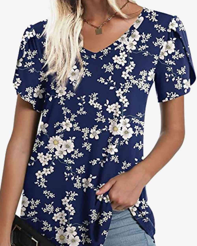 Printed Petal Sleeve V-Neck Blouse