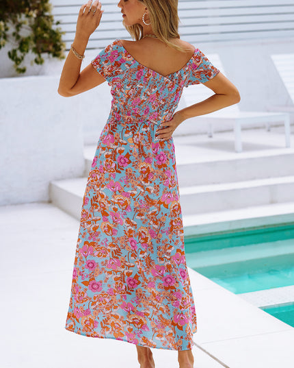 Floral Crisscross Smocked Off-Shoulder Dress
