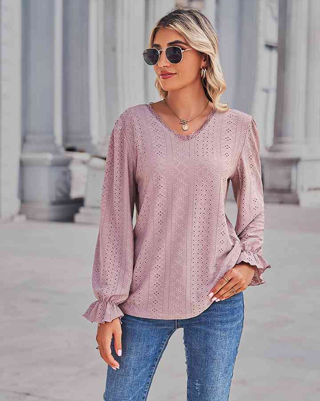 Eyelet V-Neck Flounce Sleeve Blouse
