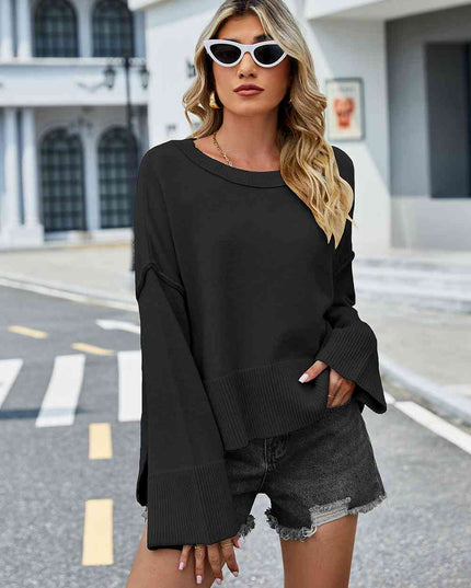 Round Neck Dropped Shoulder Slit Sweater