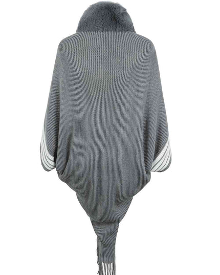 Striped Fringe Detail Long Sleeve Poncho