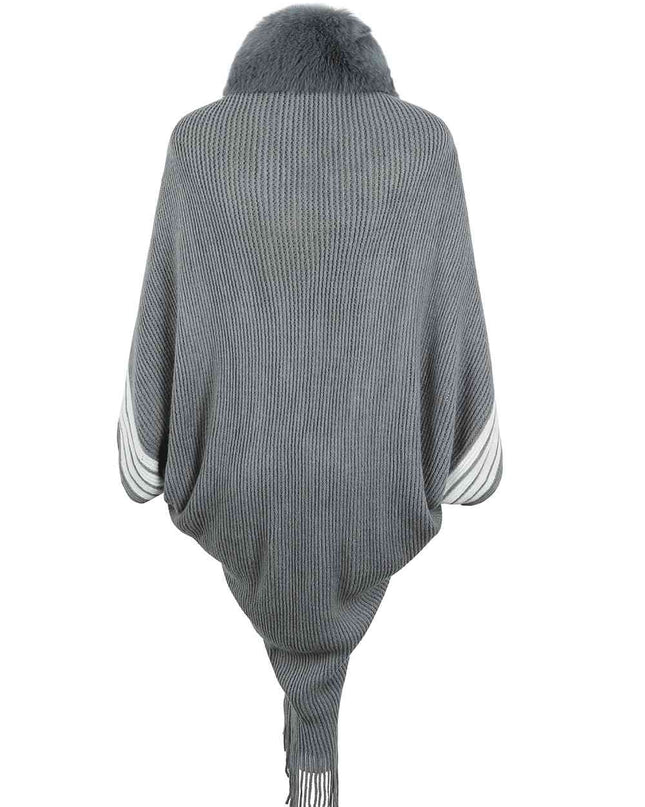 Striped Fringe Detail Long Sleeve Poncho