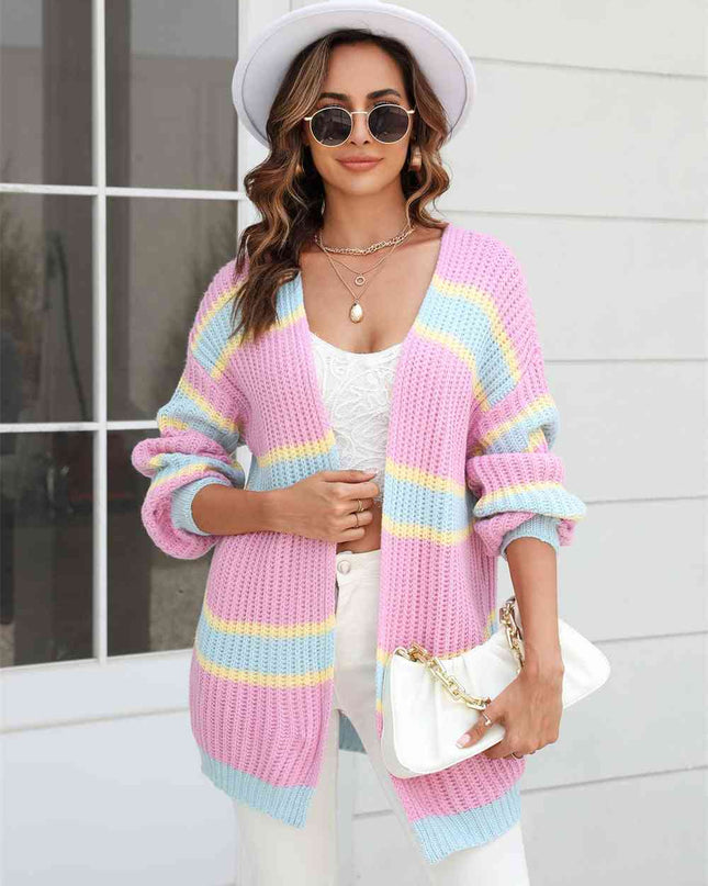 Color Block Ribbed Dropped Shoulder Open Front Cardigan