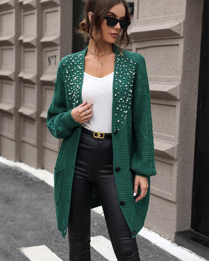 Pearl Detail Cable-Knit Button Up Cardigan