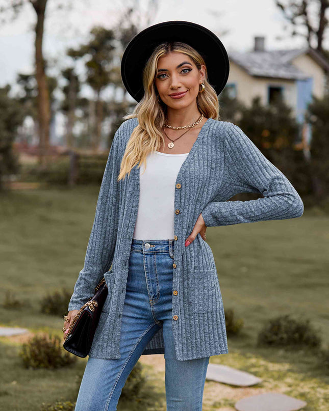 Ribbed Button-Up Cardigan with Pockets