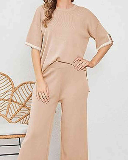 Contrast High-Low Sweater and Knit Pants Set