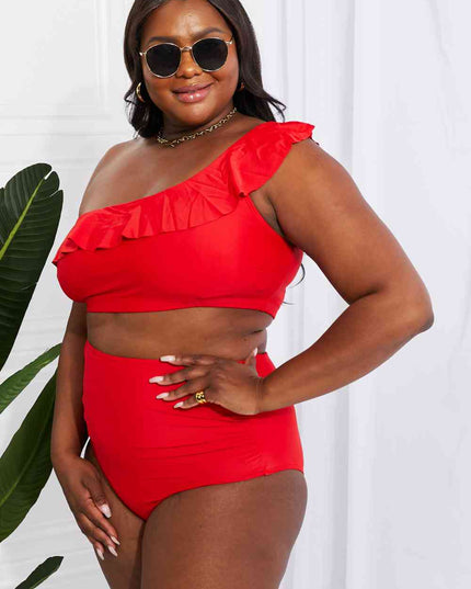 Marina West Swim Seaside Romance Ruffle One-Shoulder Bikini in Red