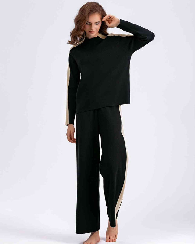 Contrast Sweater and Knit Pants Set