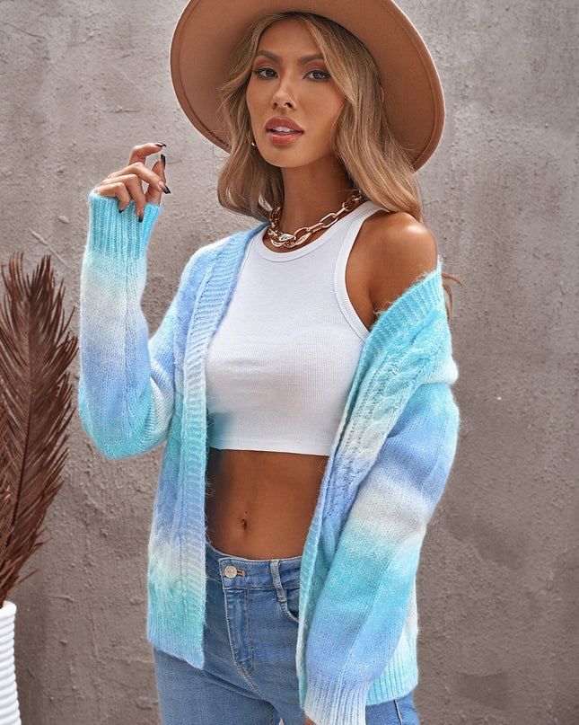Woven Right Tie-Dye Cable-Knit Raglan Sleeve Open Front Cardigan