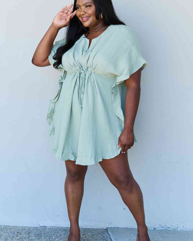 Ninexis Out Of Time Full Size Ruffle Hem Dress with Drawstring Waistband in Light Sage
