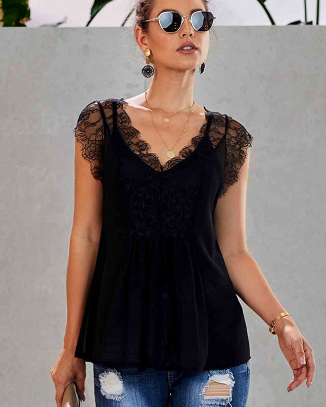 Eyelash Trim Spliced Lace V-Neck Tank