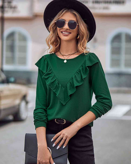 Ruffled Round Neck Long Sleeve Top