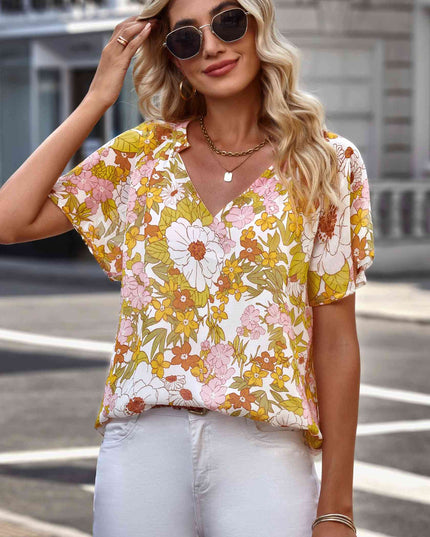 Floral Notched Neck Flutter Sleeve Blouse