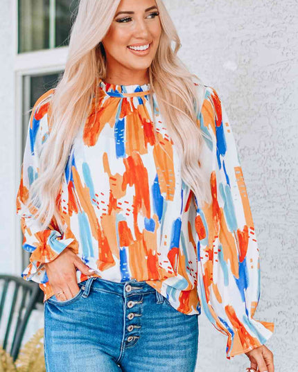 Paint Print Ruffle Collar Flounce Sleeve Top