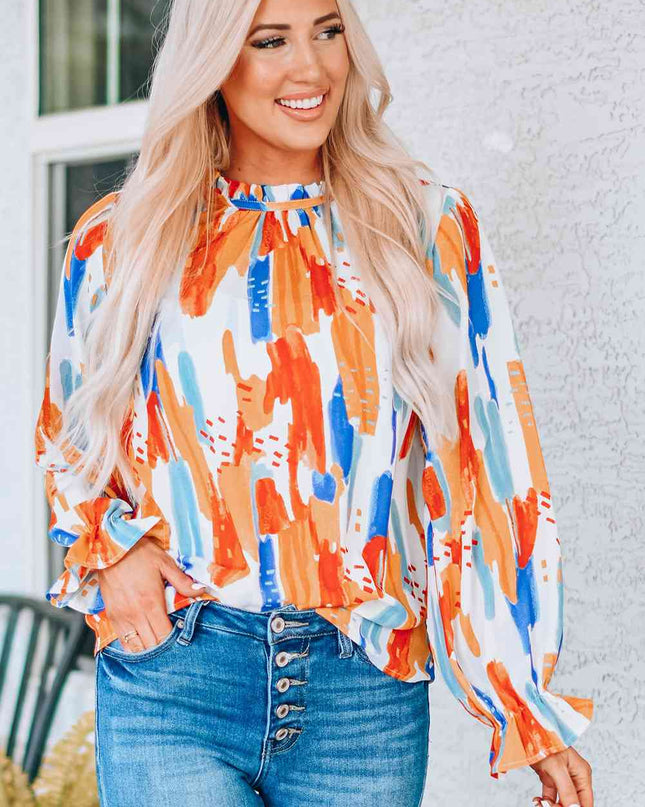 Paint Print Ruffle Collar Flounce Sleeve Top