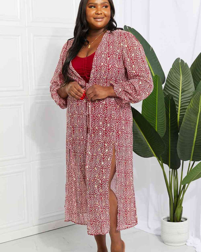 Leopard Tie Waist Flounce Sleeve Cover Up