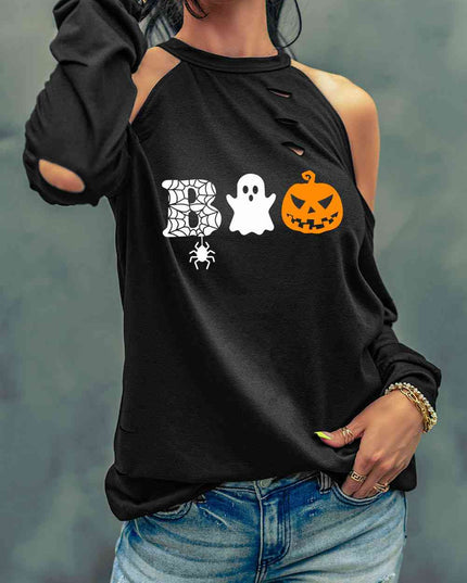 Cold Shoulder Boo Graphic Distressed Blouse