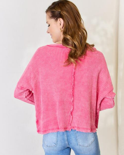 Zenana Washed Waffle-Knit Long Sleeve Top