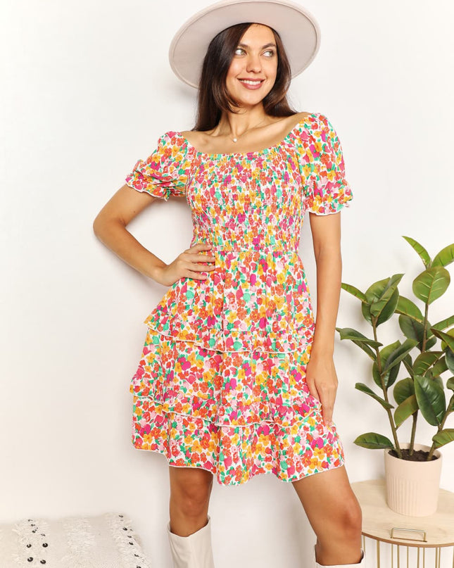 Double Take Smocked Sweetheart Neck Flounce Sleeve Mini Dress