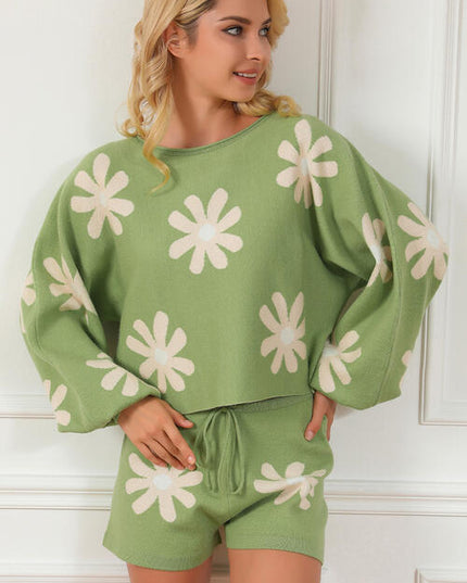 Flower Pattern Long Sleeve Sweater and Drawstring Shorts Set